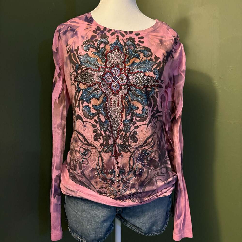 Rouge Women's Rhinestone Embellished Long Sleeve Graphic Top Pink Size 1X